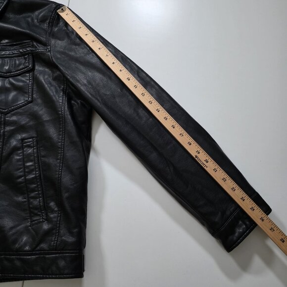 Levi's Trucker Jacket Men L Black Faux Leather LS Hooded Pockets Western Grunge - Picture 5 of 16